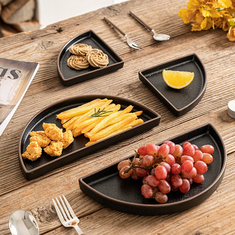 Black Clay Oval Ceramic Steak Plates Restaurant Tableware Retro Half Disk Salmon Sushi Snack Appetizer Plates