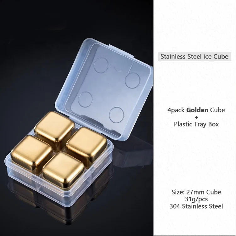 Gold color square reusable ice cubes whiskey gift set stainless steel whiskey stone for drinks