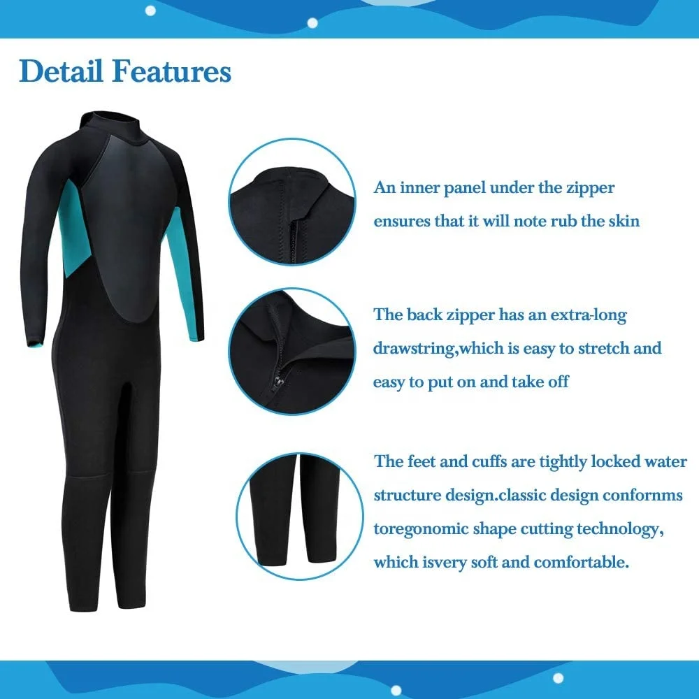 
Hot Sale 3mm Neoprene One-Piece Back Zip Child Wet Suit Kids Wetsuit for Surfing Canyoning 