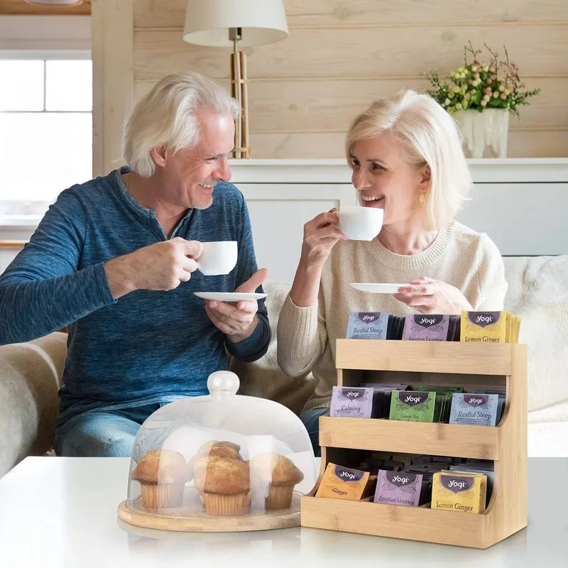 High Quality Practical Bamboo Tea Bag Holder Wood Tea Box Organizer Holds 180 Tea Bags Elegant Sugar Packets And Creamers Holder