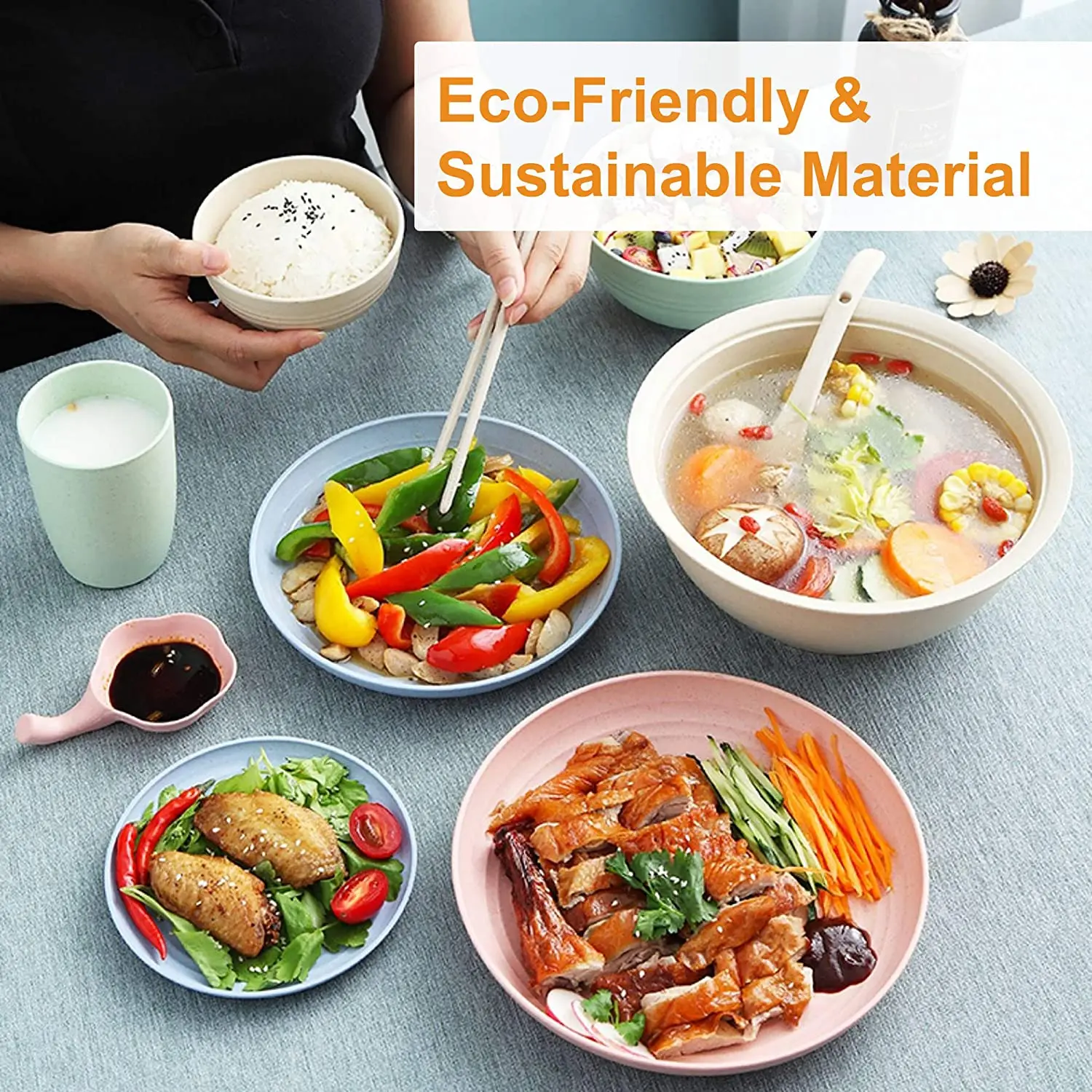 Custom Dishwasher Microwave Safe Soup Rice Bowls Plates Mugs Wheat Straw Plastic Tableware Dinnerware Sets