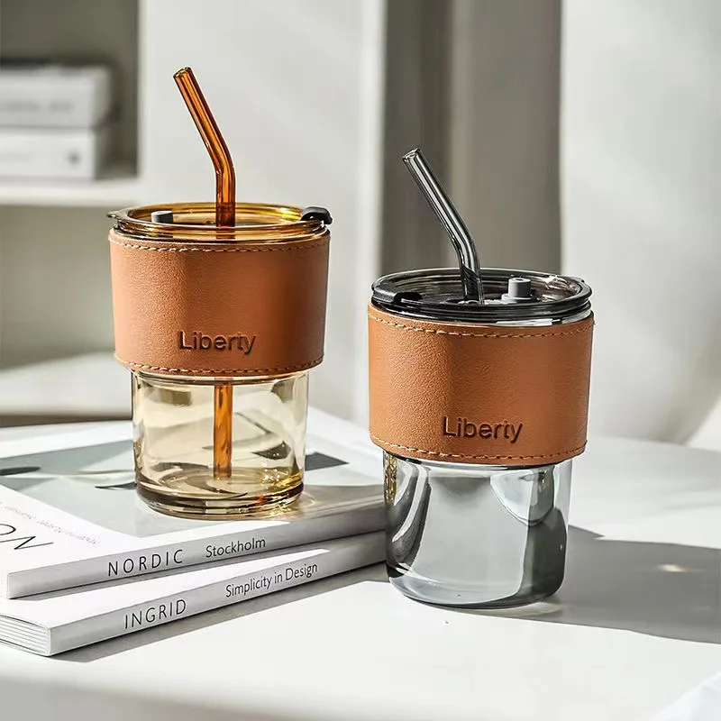 Coffee Cup Creative High Beauty Portable Bamboo Cup with Lid Glass Water Cup ins Wind Net Red 450ml Leather Cover