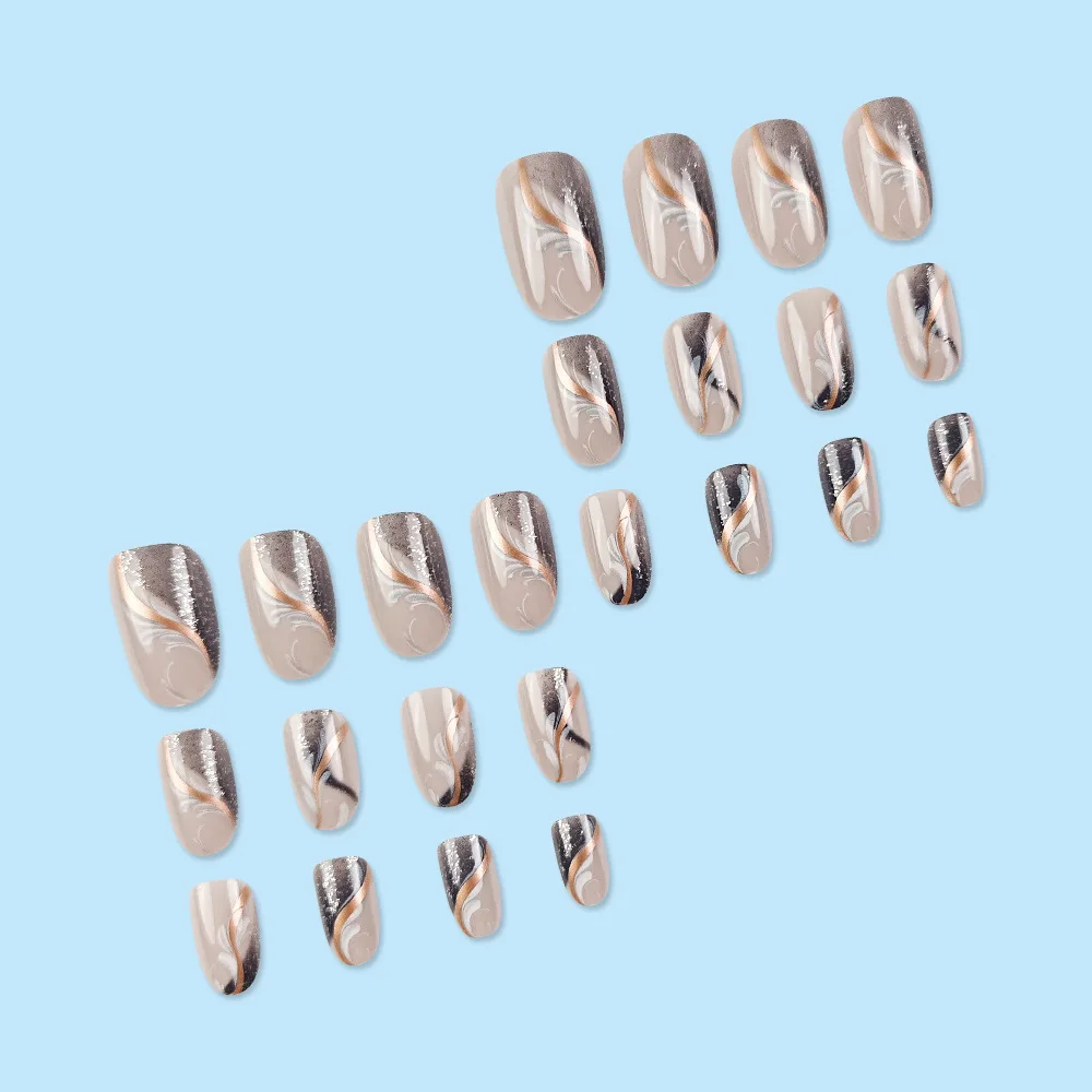 Ms.Miemie 24-Piece French Short Oval Silver wave minimalist design, detachable and reusable artificial nails