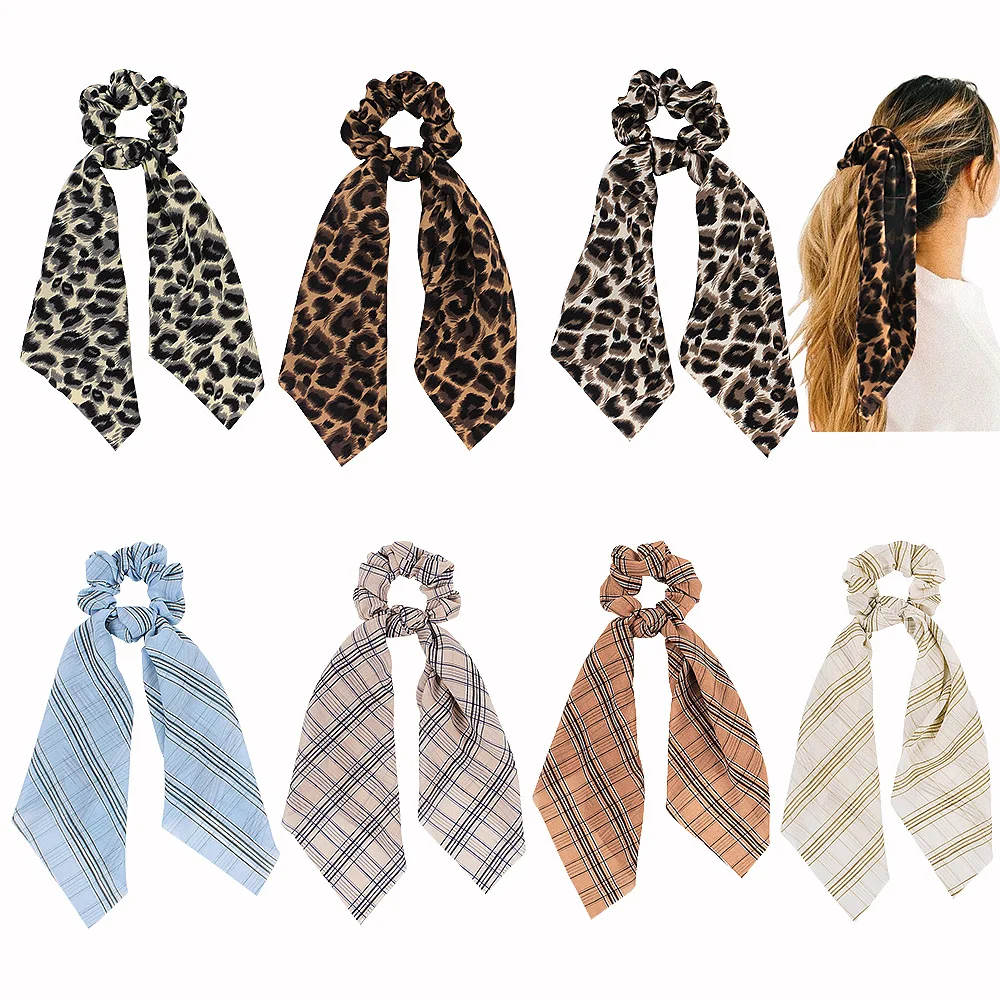 
Low price fashionable leopard scrunchie designer printed long ribbon hair tie for women  (62285787065)