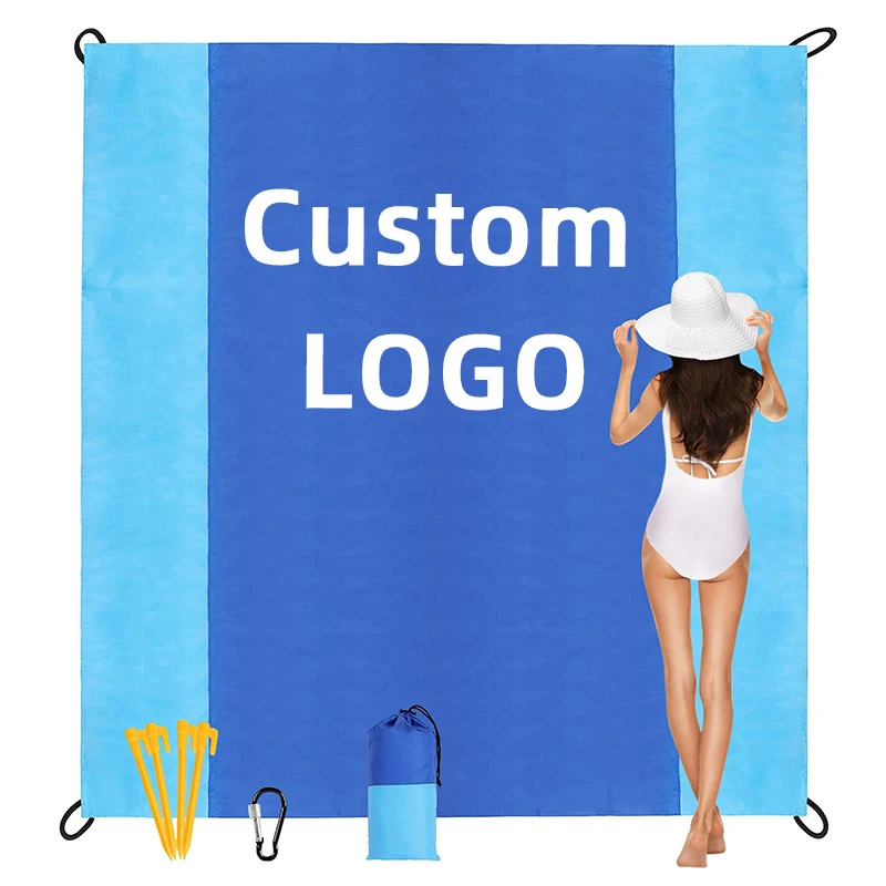 Custom Logo Foldable Beach Picnic Blanket Foldable Waterproof Sand Mat Camping Picnic Mat with Pocket