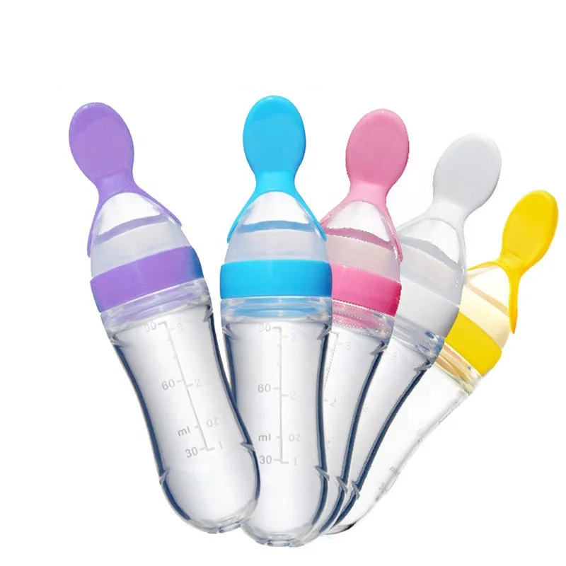 BPA Free Food Grade Feeder Silicone Rice paste Squeeze Baby Feeding Bottle with Spoon Low MOQ