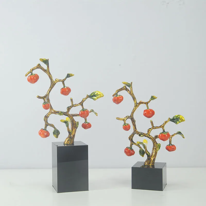 Traditional Alloy Hand-painted Enamel Persimmon Tree Household Ornaments With Marble Or Crystal Base