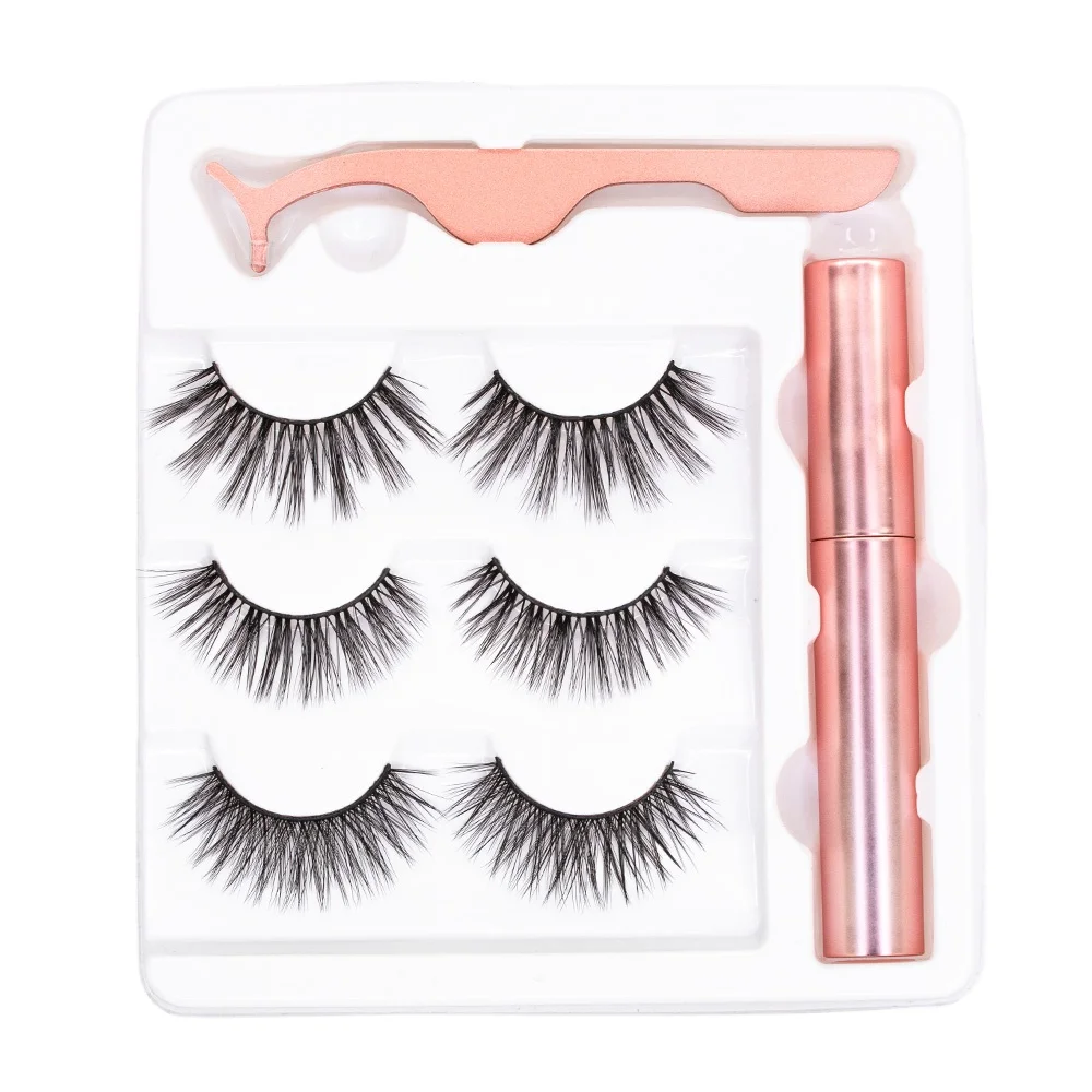 
Chinese factory price good quality magnetic 3 pairs false eyelash eyeliner set 