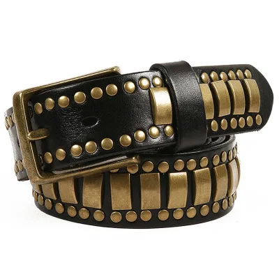 Punk Belt For Women/Men Double Rivets Leather Studded With Brass Buckle