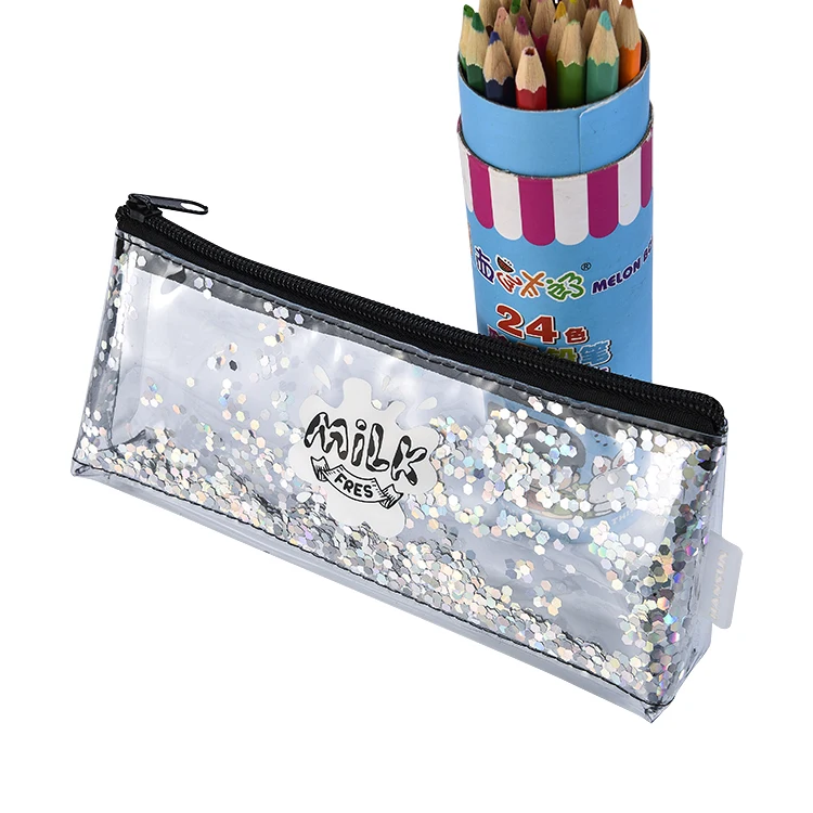 Promotional 4 color Glitter Plastic PVC Zipper Pen Bag Pencil Case Bag For Kid