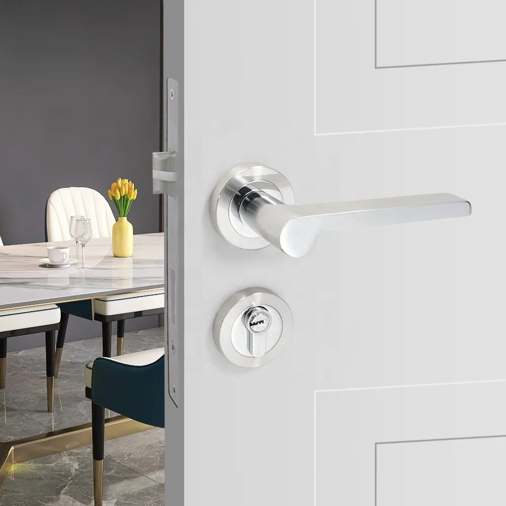 Yonfia A8226R57 solid brushed nickel aluminium interior door handle lock set bathroom bedroom door handles for wood door