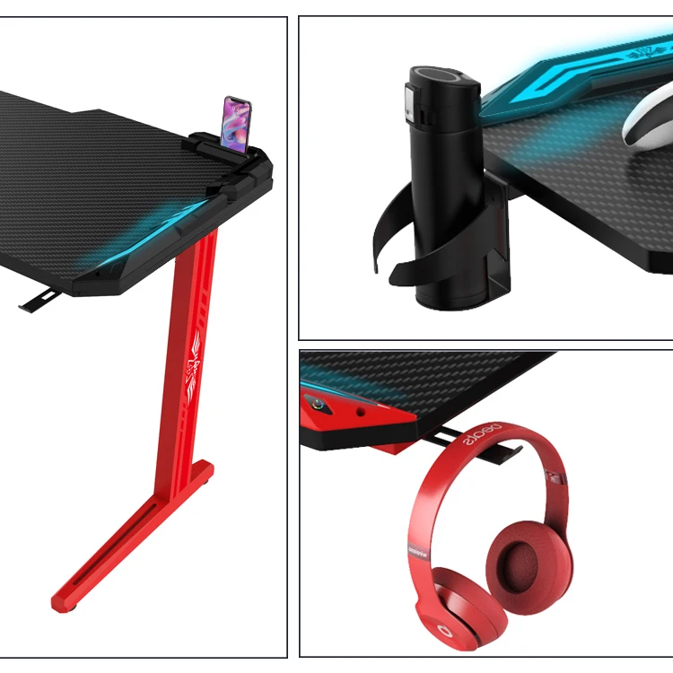 Wholesale Modern T Shaped RGB Red Gaming Desk With LED Custom PC E-sports Gamer Desk 120cm Computer Gaming Table