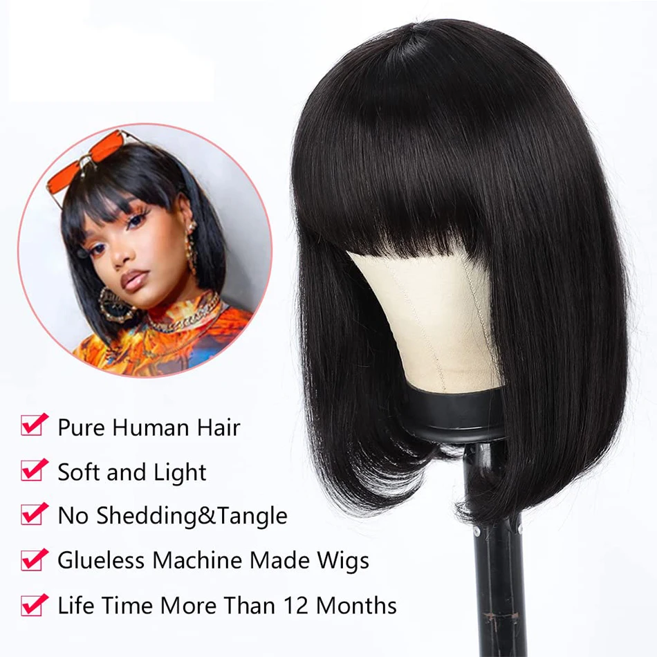 Natural Straight Short BOb Wigs With Bangs Vendors Brazilian Human Hair Wig Bulk Virgin Remy Machine Made Cheap Wigs
