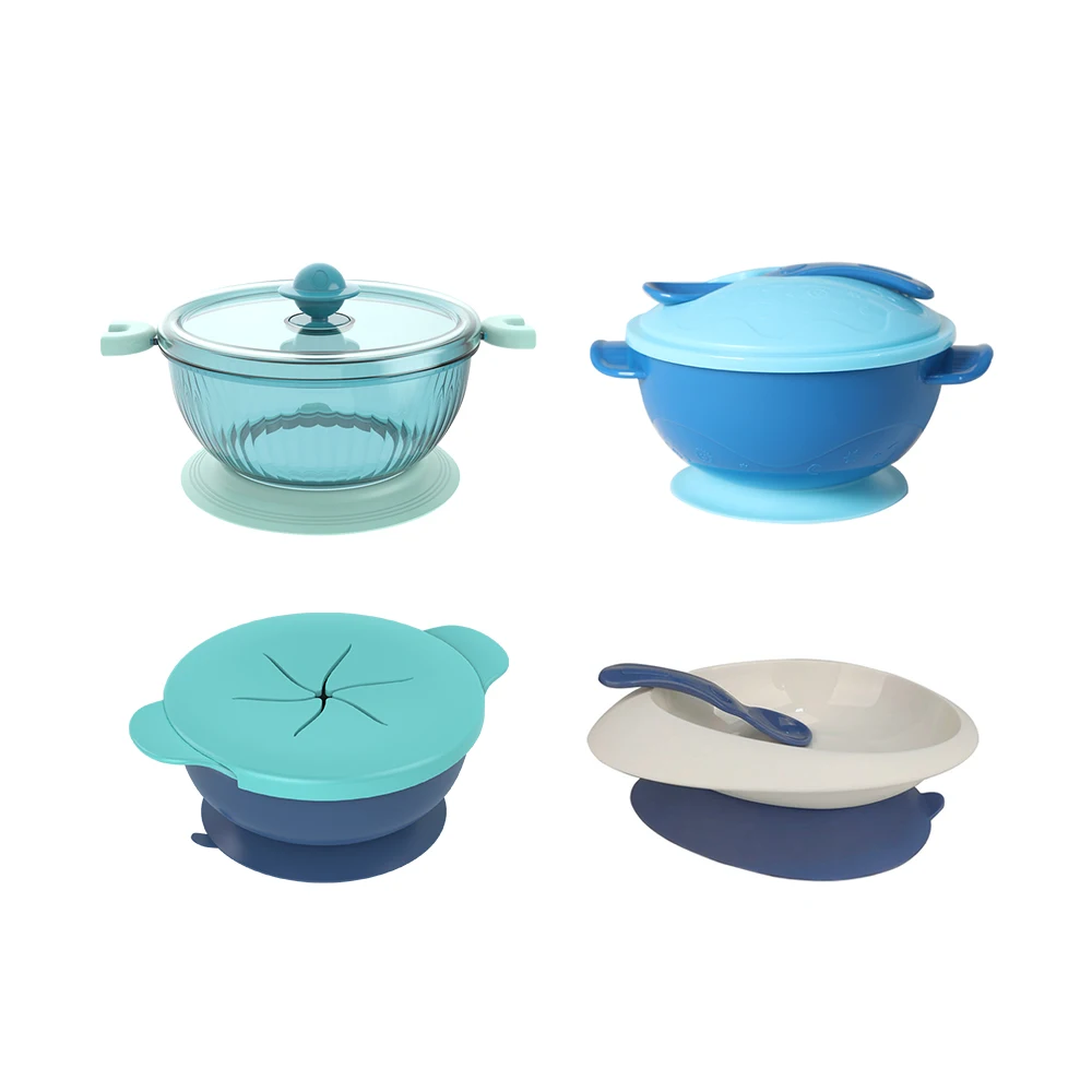 Wholesale No Spill PP Plastic Kids Baby Products Suction Food Snack Dining Bowl Babies Feeding Bowls Set With Suction Spoon Lid