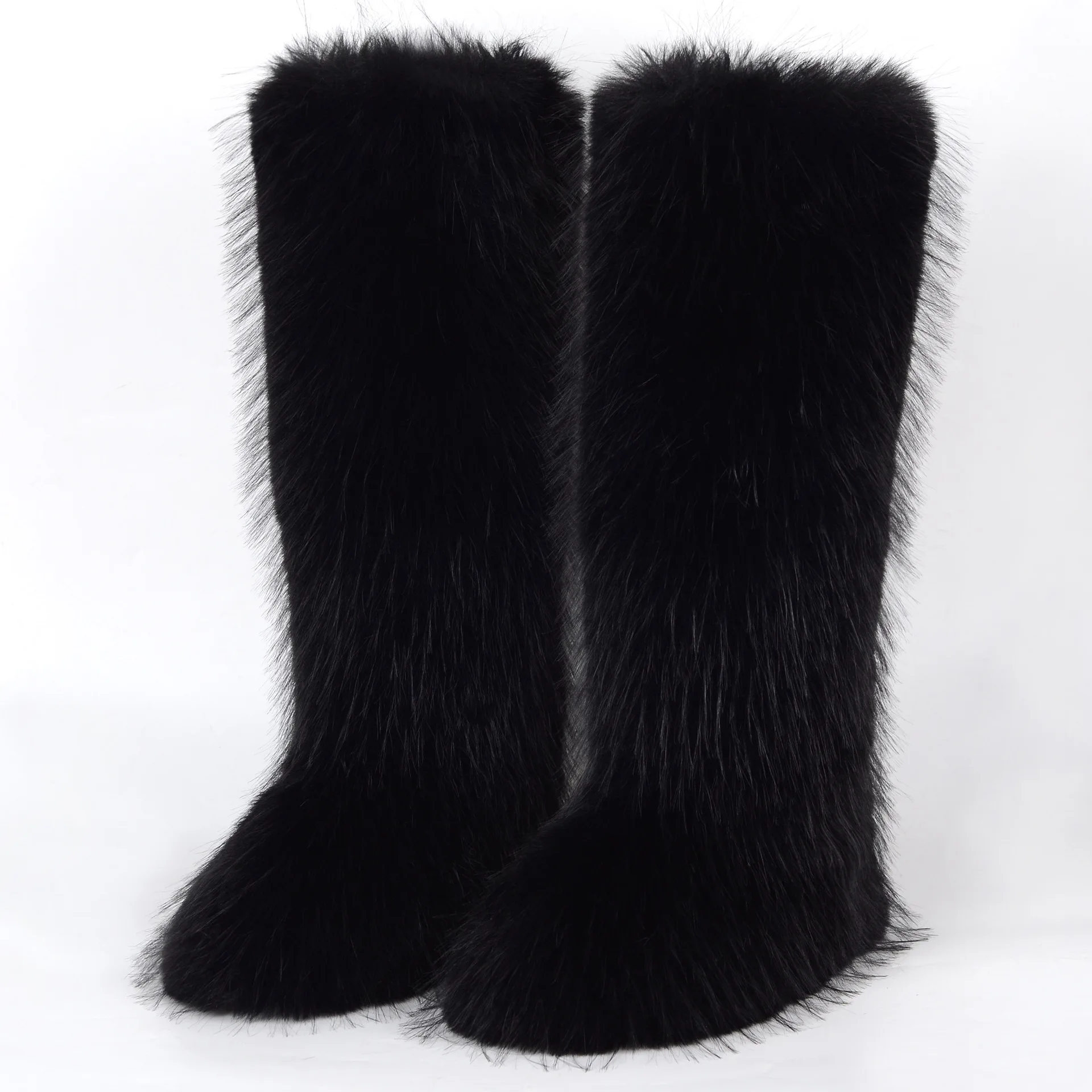 2024 new design luxury ladies winter warm hairy over knee boots faux fur flat casual Mongolian furry snow boots for women