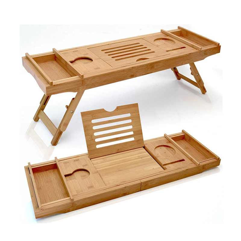 Factory wholesale Waterproof Breakfast Bed Tray Hotel Bathroom Shelf Bamboo Bath Bathtub Caddy Tray