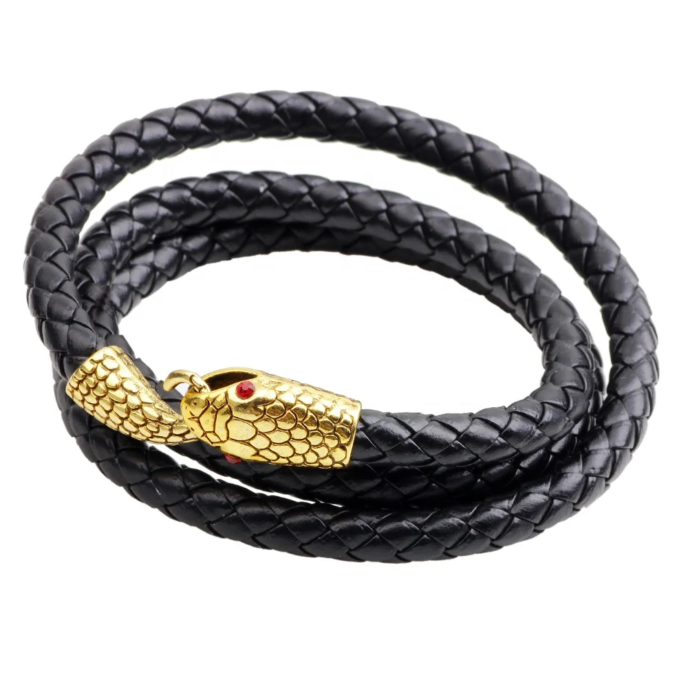 Personality men&women gold silver alloy snake head charm leather braided wrap bracelet