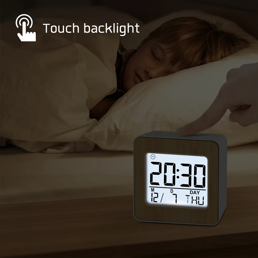 New Home Decorative Bamboo Finish Desk Table Clock Multifunctional Digital Alarm Clock LCD Clock