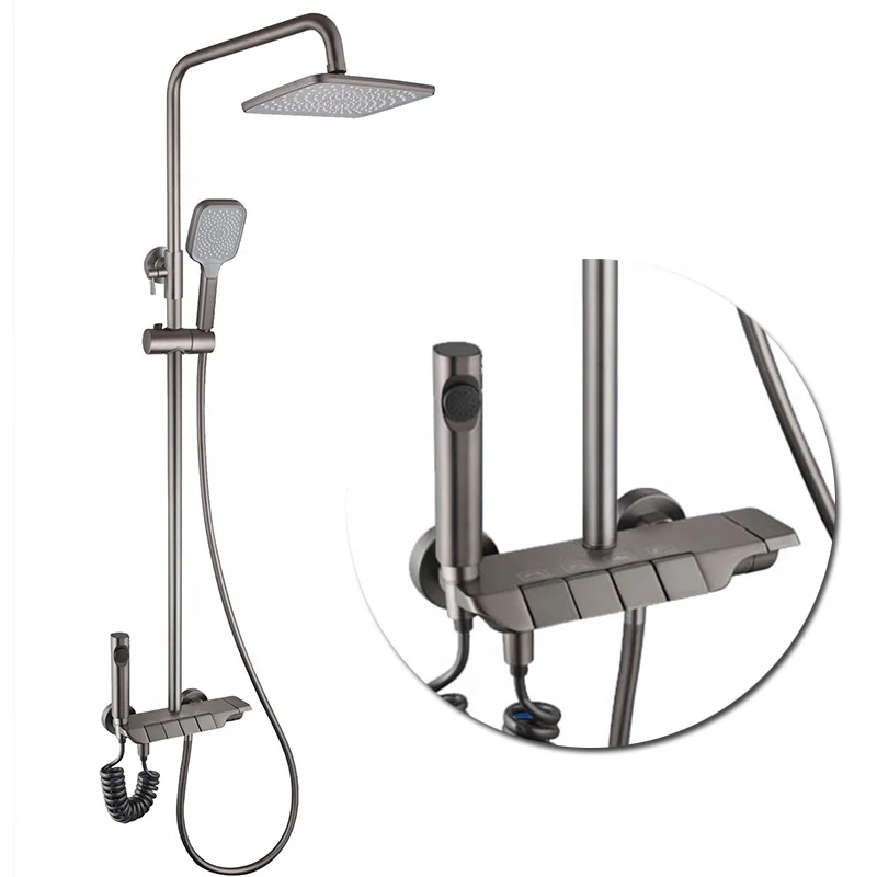 Metal Gun Luxury Hotel 4 Function Rainfall Head Shower Column System Set Exposed Wall Mount Bathroom Wash Room Piano Shower Set