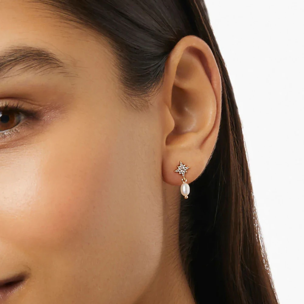 Handmade Fashion Trend Unique Gold Fashion S925 Sterling Silver Personality Star Moon Set With Pearl Pendant Eardrop Earrings