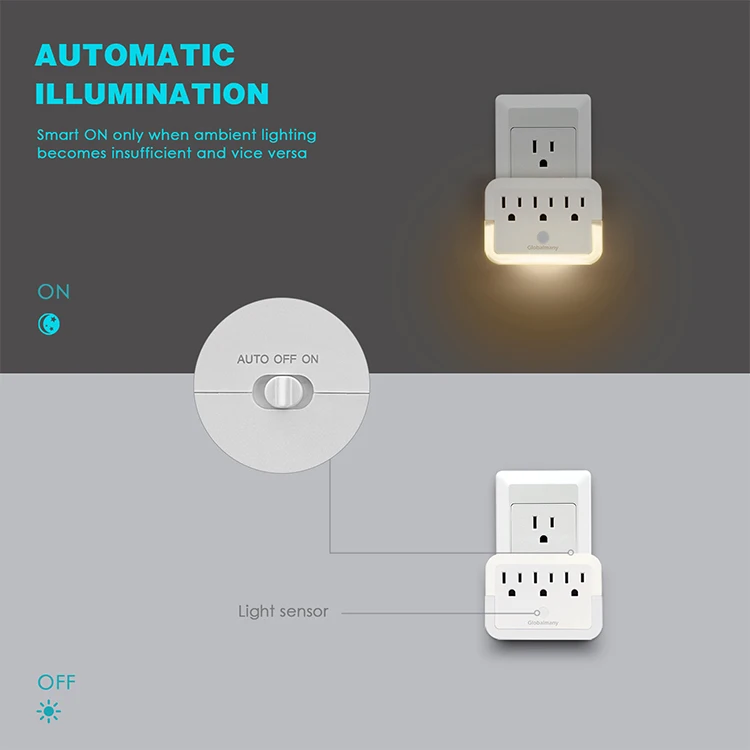 popular items white and black color wall tap smart plug night light 3 AC outlet