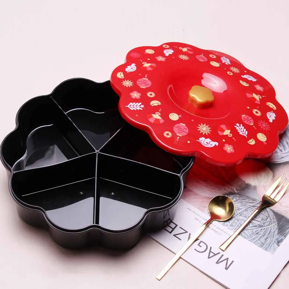 KJH LIVE Newest Festival Plastic Flower Shape Nuts Dried Fruit Plate Snake Candy Tray with lid