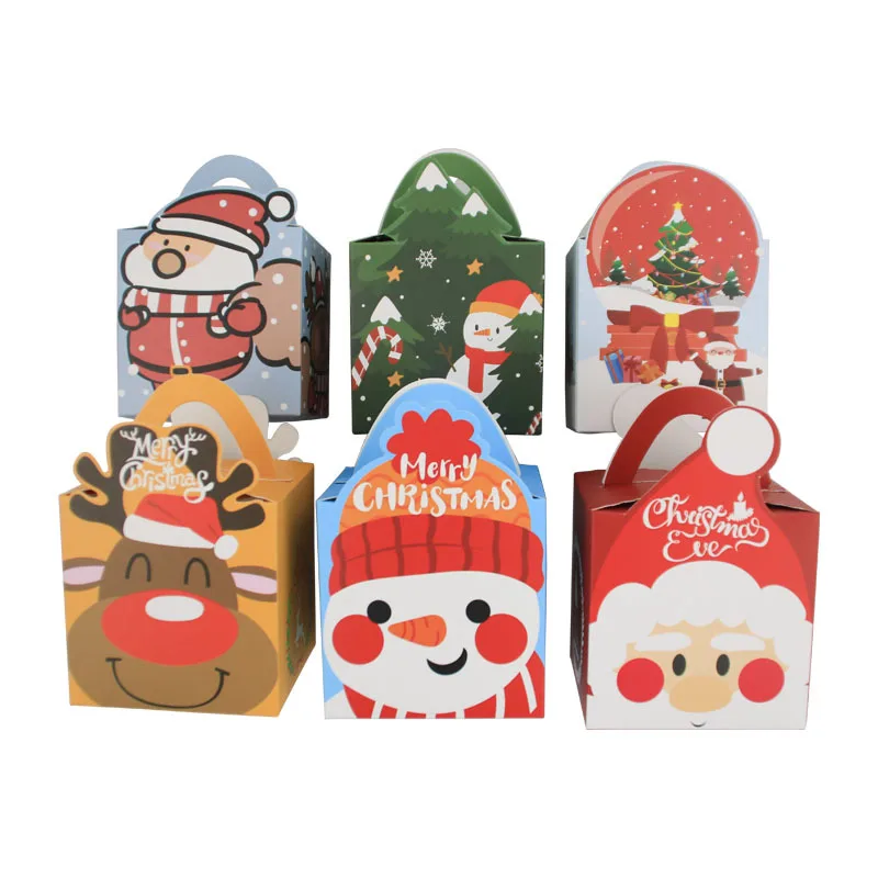 Hotsale Colorful Christmas Holiday Party Square Gift Boxes with Handle Snow White Apple Cake Packaging Paper Boxes for Candy