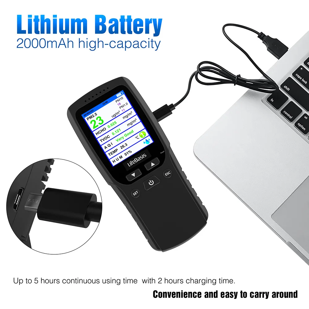 Portable AQI Gas Pollution Meter PM2.5 Formaldehyde PM10 Tester Air Pollution Laser For Car Air Quality Monitor Detector