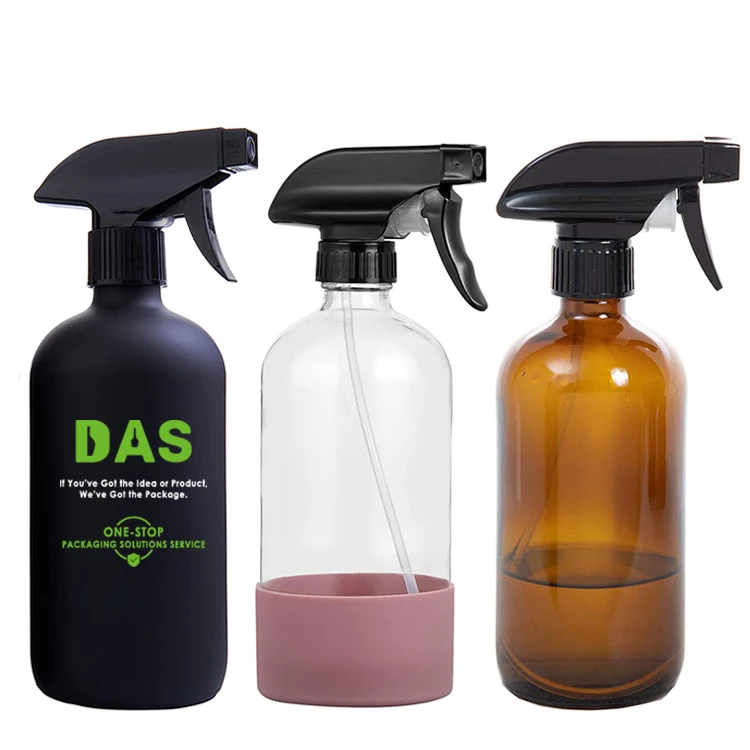 Sale 500ml 16oz Amber Clear Matt Black Silicone Sleeve Empty Boston Round Glass Cleaning Spray Bottle with Trigger Spray