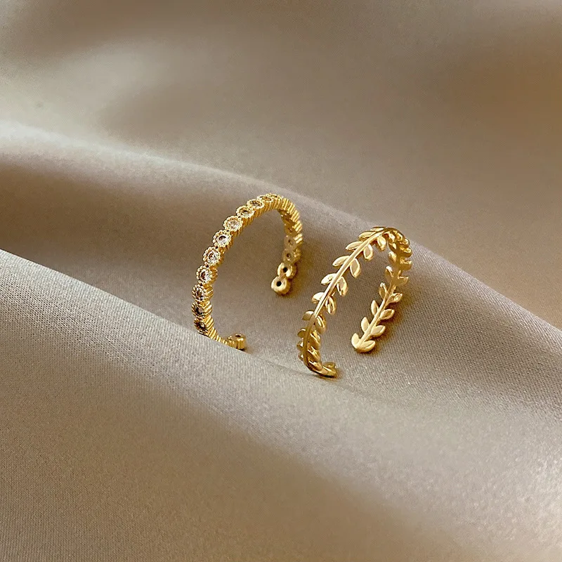 Vershal C242 Chic 18k Gold Plated Minimalist Cubic Zirconia Leaf Ring Set Korean Jewelry Set