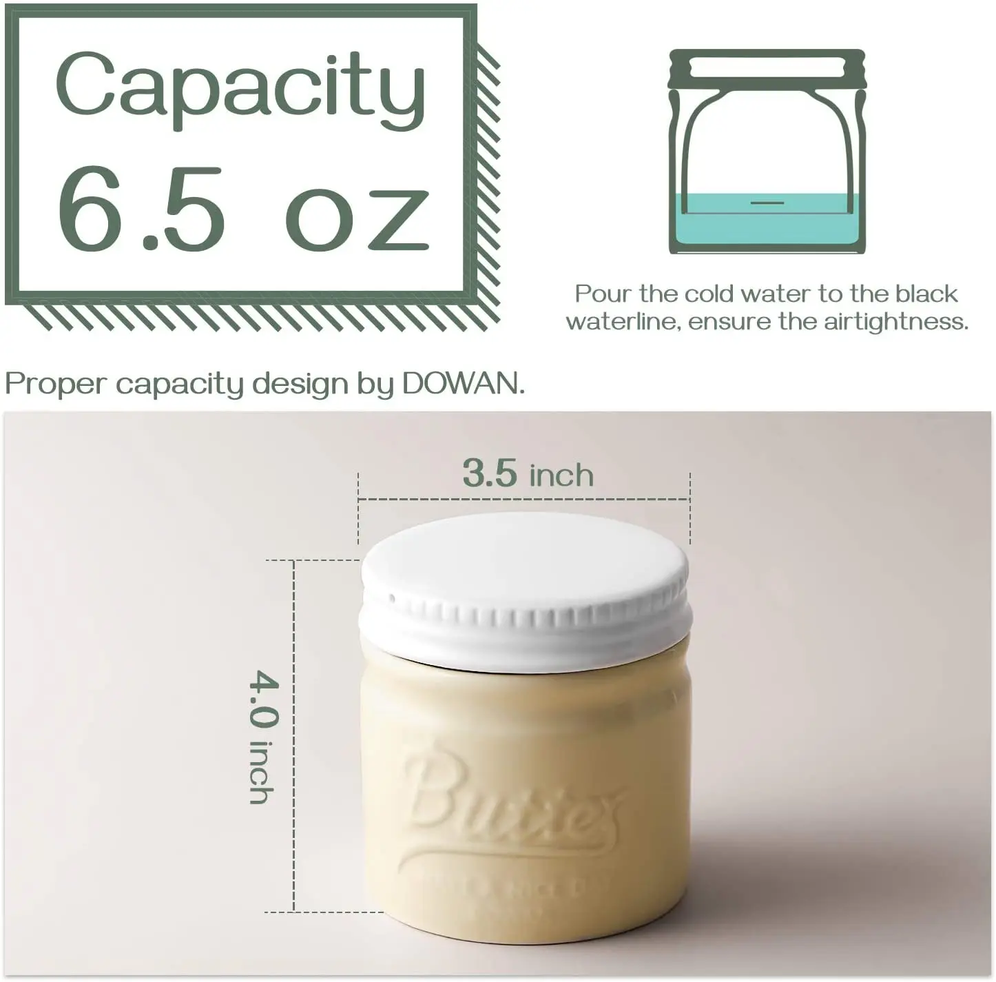 Porcelain Butter Keeper Crock, French Butter Dish with Lid, Embossed Butter Container for Soft Butter