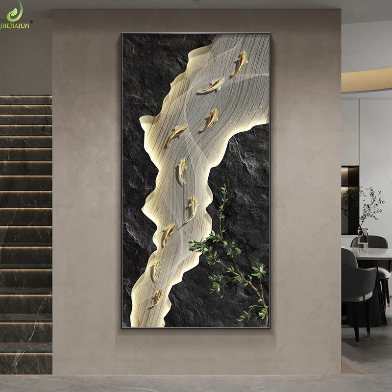 Lucky Nine Fish Luxury Wall Art Crystal Porcelain Diamond Painting Good Luck Metal Fish Home Decor