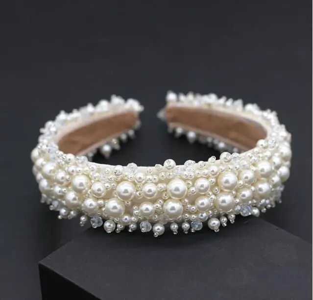 Handmade Luxury Baroque Wide Headband Pearls Headband Beaded Headband for Women Party Hair Accessories Gorgeous Crystal Headwear