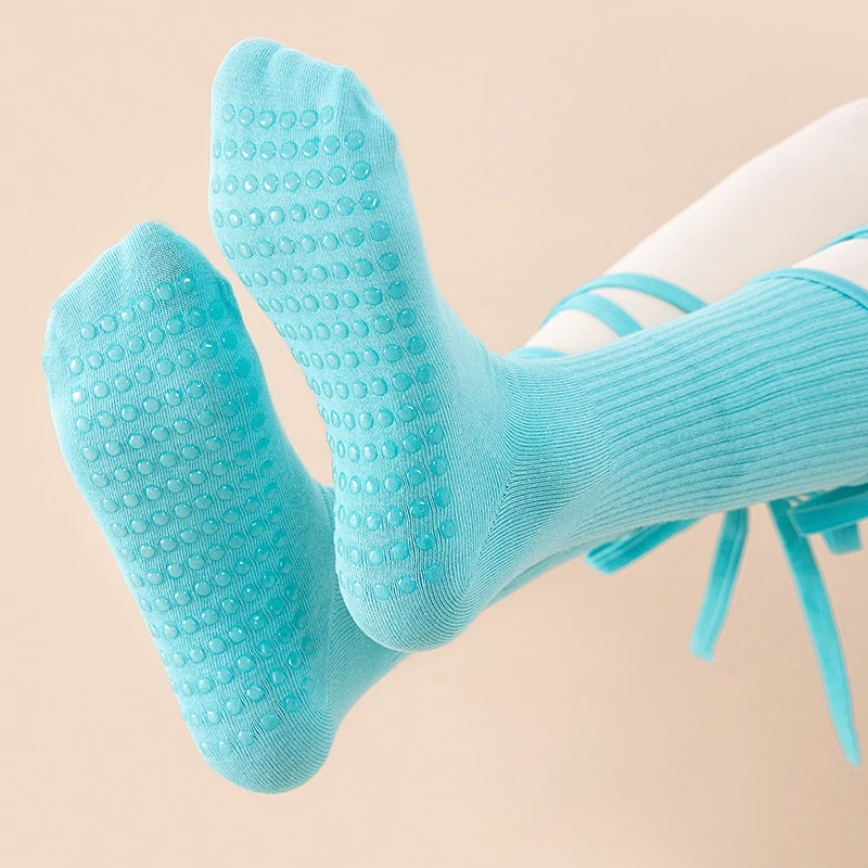 Female Pilates Non-Slip Candy Solid color Crew Workout Gym Barre Ballet Dance Anti-Slip Crossed straps tie bows Yoga Socks
