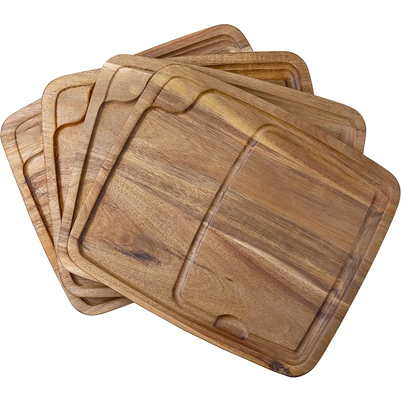 4 Piece Acacia Wood Chopping Block Bistecca Square Cutting Board Wooden Steak Plate Set with Juice Channel
