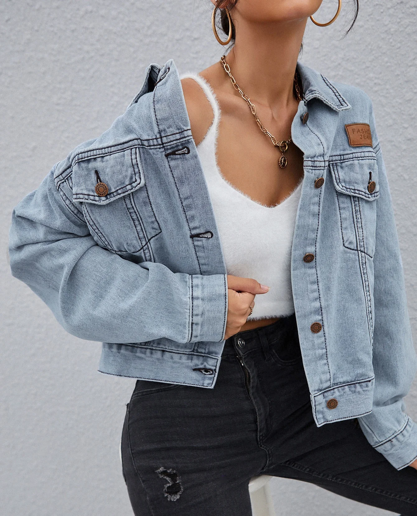 New Customized Jean Ladies Coat Fashion Pocket Long Sleeve Denim Women Jacket