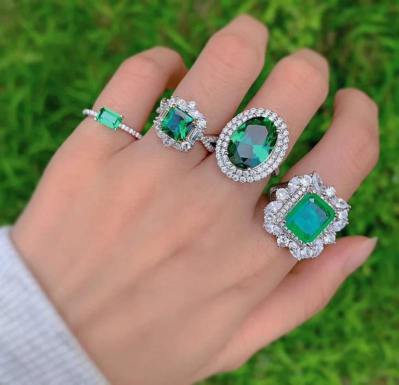 Custom 5A CZ Cubic Zirconia Emerald Stone Green Engagement Ring Diamond 925 Sterling Silver jewelry Gold Wedding Rings For Women