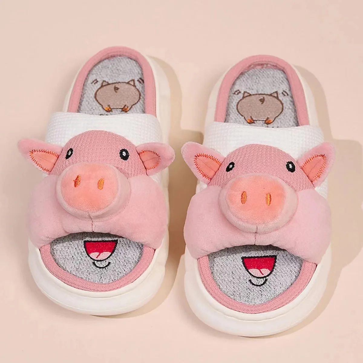 High Quality PVC Sole Cartoon Funny Animal Slippers for Women Men Soft Indoor Home Linen Slippers with Fur Warm Platform Design
