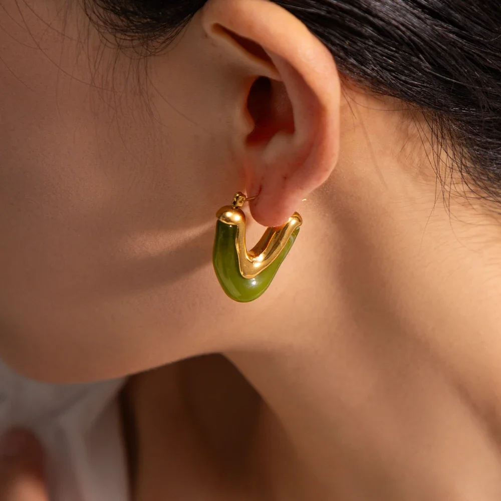 SUMMLY 18K PVD Gold Plated V Shape Chunky Statement Earring Design Colorful Acrylic Hoop Earring Stainless Steel