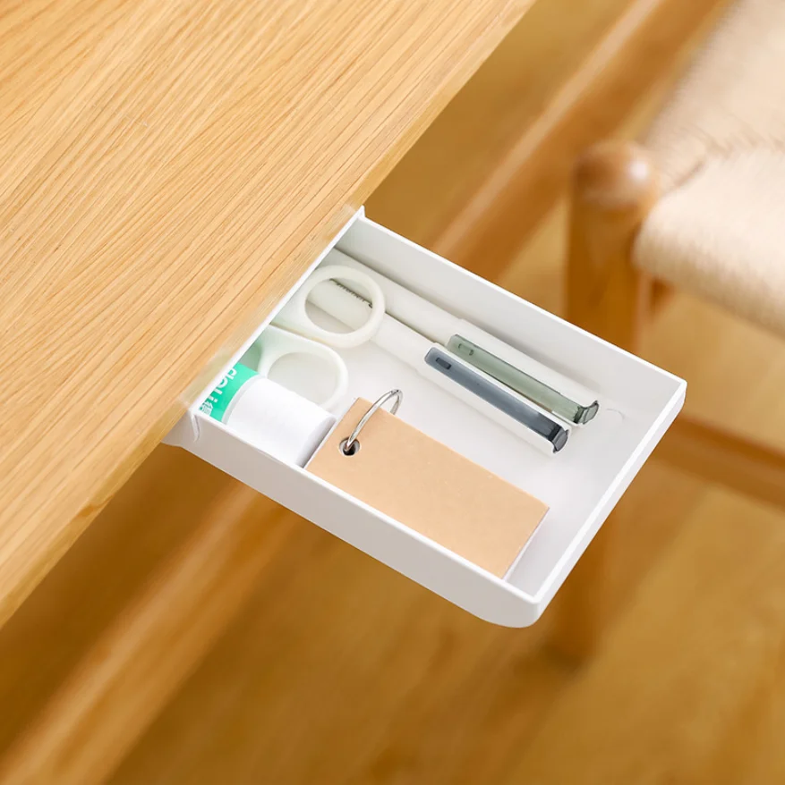 Self-Adhesive Drawer Under Table Desktop Organizer Hidden Sticky Drawer Plastic Stationery Pencil Storage Tray for Office
