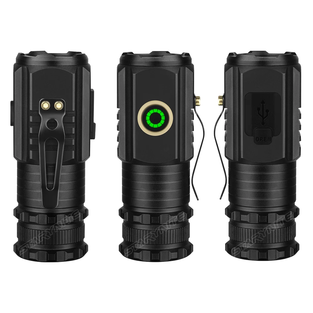 STARYNITE Hot Sales 1300 Lumens Mini USB-C Recharging 3*XHP35 Led 18350 Flashlight with Magnet and Clip