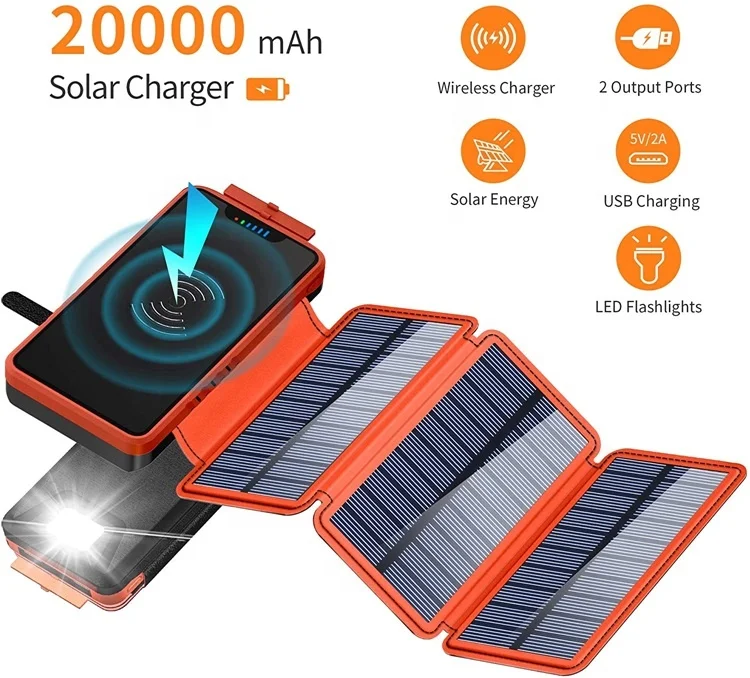 Солнечное зарядное устройство с двумя портами USB Power Bank 20000 мАч водонепроницаемый аккумулятор Внешняя портативная солнечная панель со светодиодной