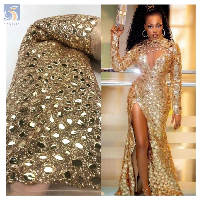 OEM Luxury 2024 African Nigerian Gold Lace Fabric with Big Large Gold Sequin Fabric Dress African Lace Embroidery Fabric