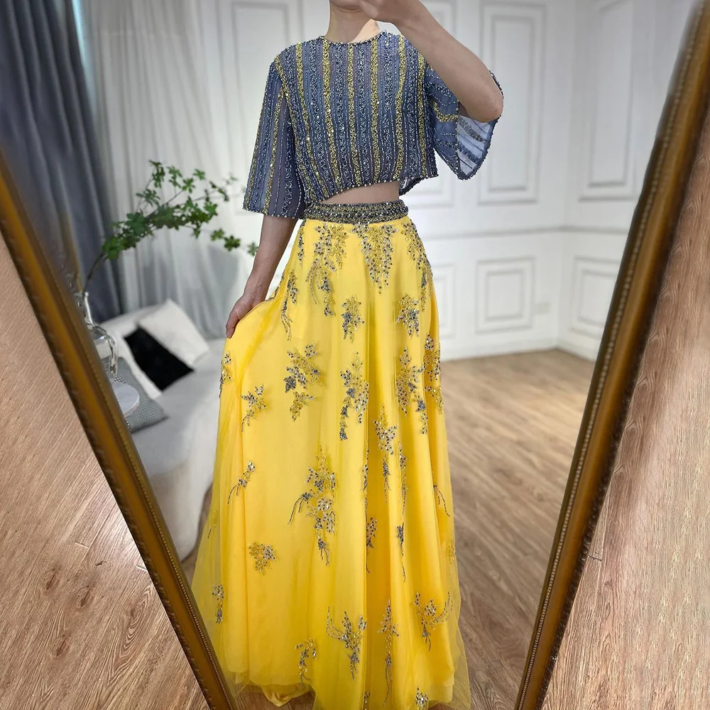 Yellow 2 Pieces A-Line Beaded Evening Dresses Serene Hill LA72470 Elegant Party Gowns for Women Wedding Event