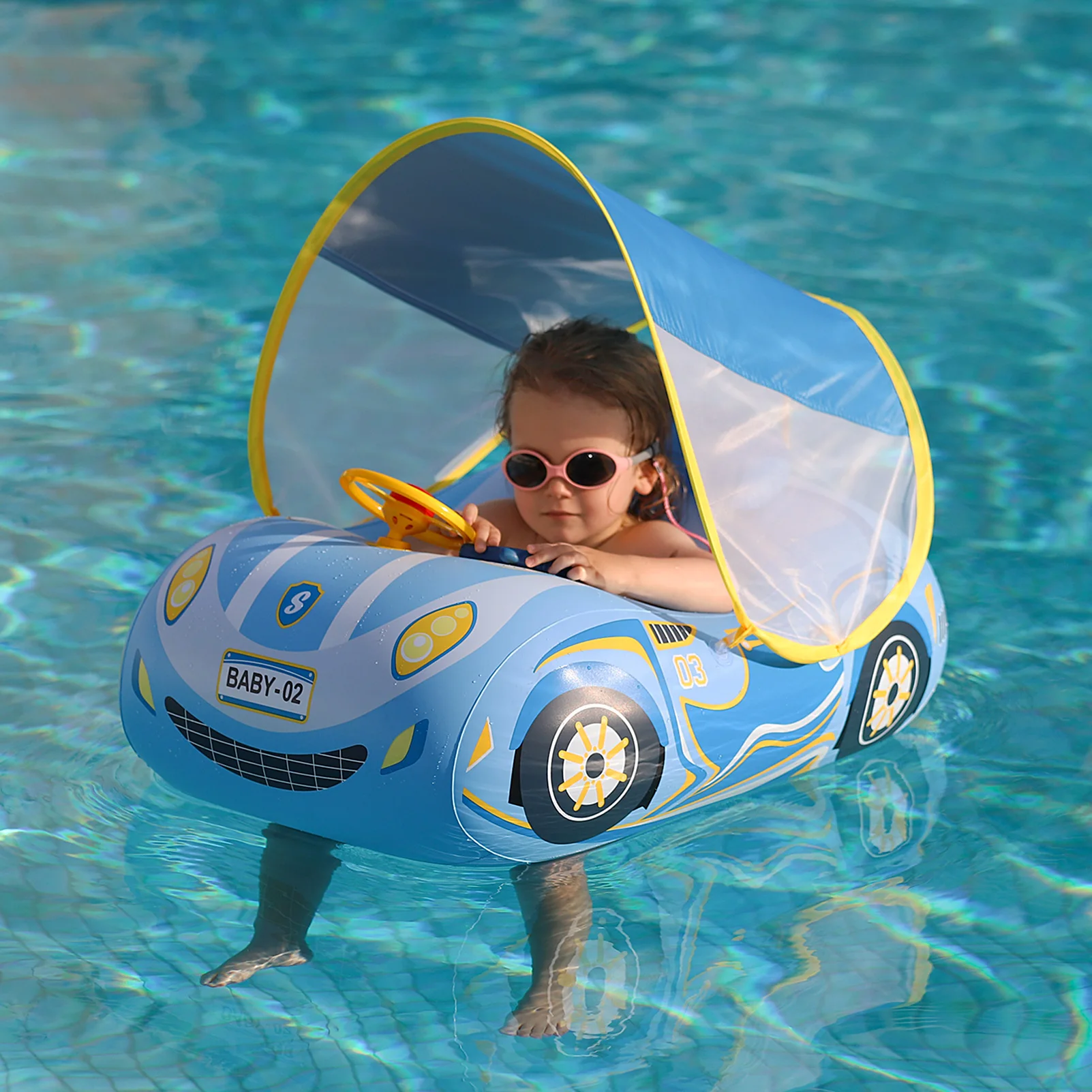 Swimbobo Blue Kids Inflatable Cool Car Swimming Seat Boat Floating Water Toy Steering Children Swim Pool Float Ring With Canopy