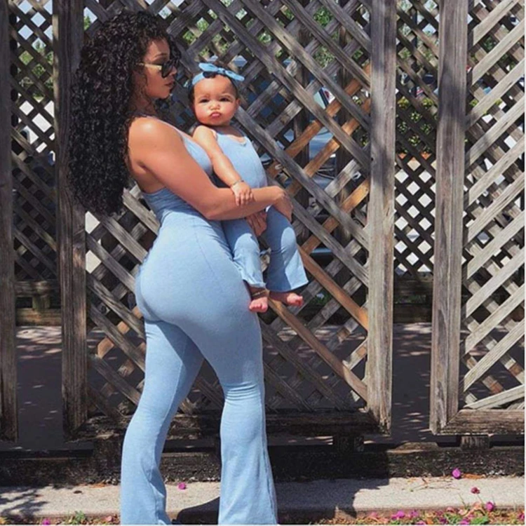 Amelie Hot Selling Halter Sleeveless Solid Color Summer Fashion Mother And Daughter Sets One Piece Long Flared Jumpsuits