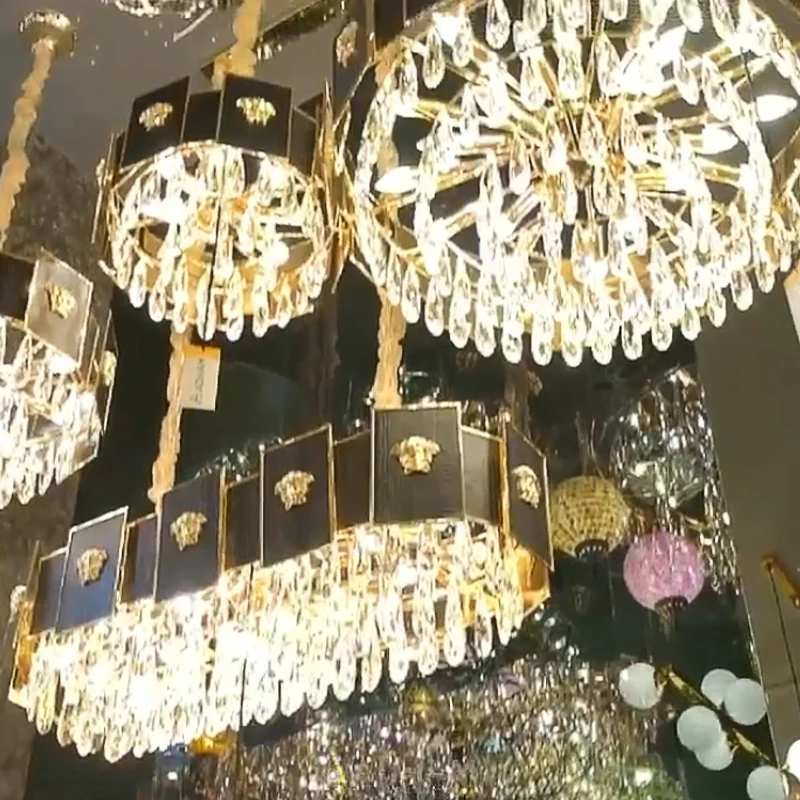 Luxury pendant light 2022 greek medusa style crocodile leather artistic black and gold round crystal chandelier