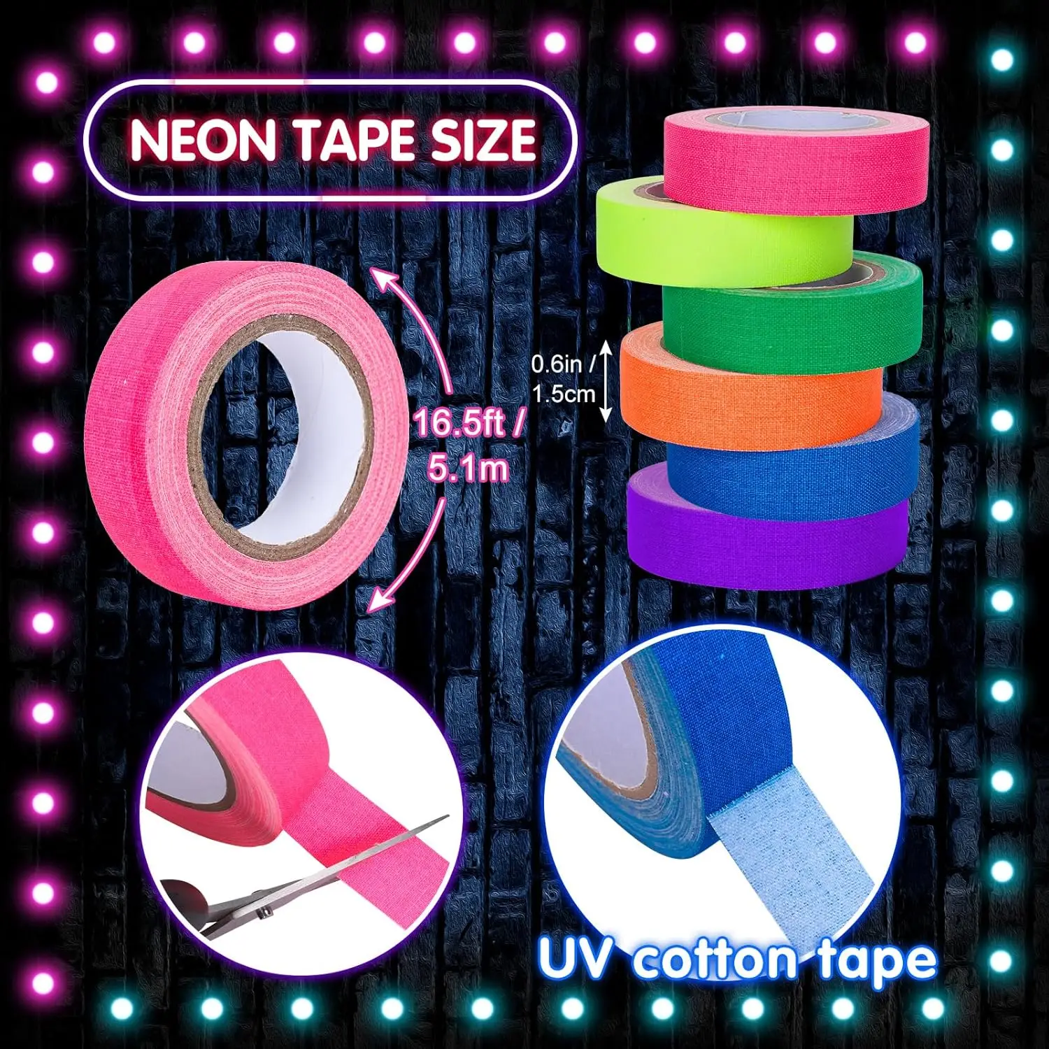 DAMAI 6 Colors Neon Gaffer Cloth Tape Glow in the Dark Neon Duct Tape Fluorescent Ultraviolet Black Light Luminous Masking Tape