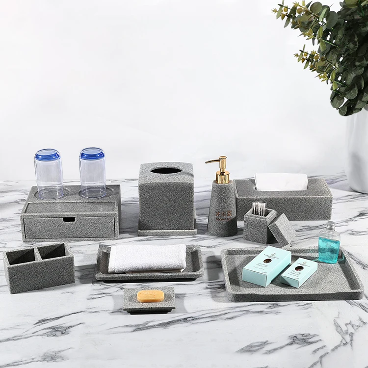 Resin Luxury Hotel Bathroom Products Hotel Room Supplies Set Custom LOGO Toothbrush Holder Toilet Brush Vanity Accessories Set