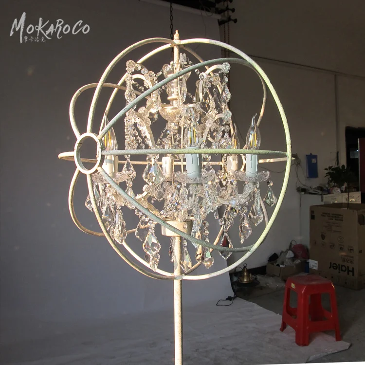 
Foucault gyro globe crystal floor lamp, wrought iron decoration, American country decoration retro white do old floor lamp 